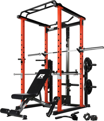 Garage & Home Gym Package Includes 1000LBS Power Cage with Lat Pull Down,Weight Bench, Barbell Set with Olympic Barbell