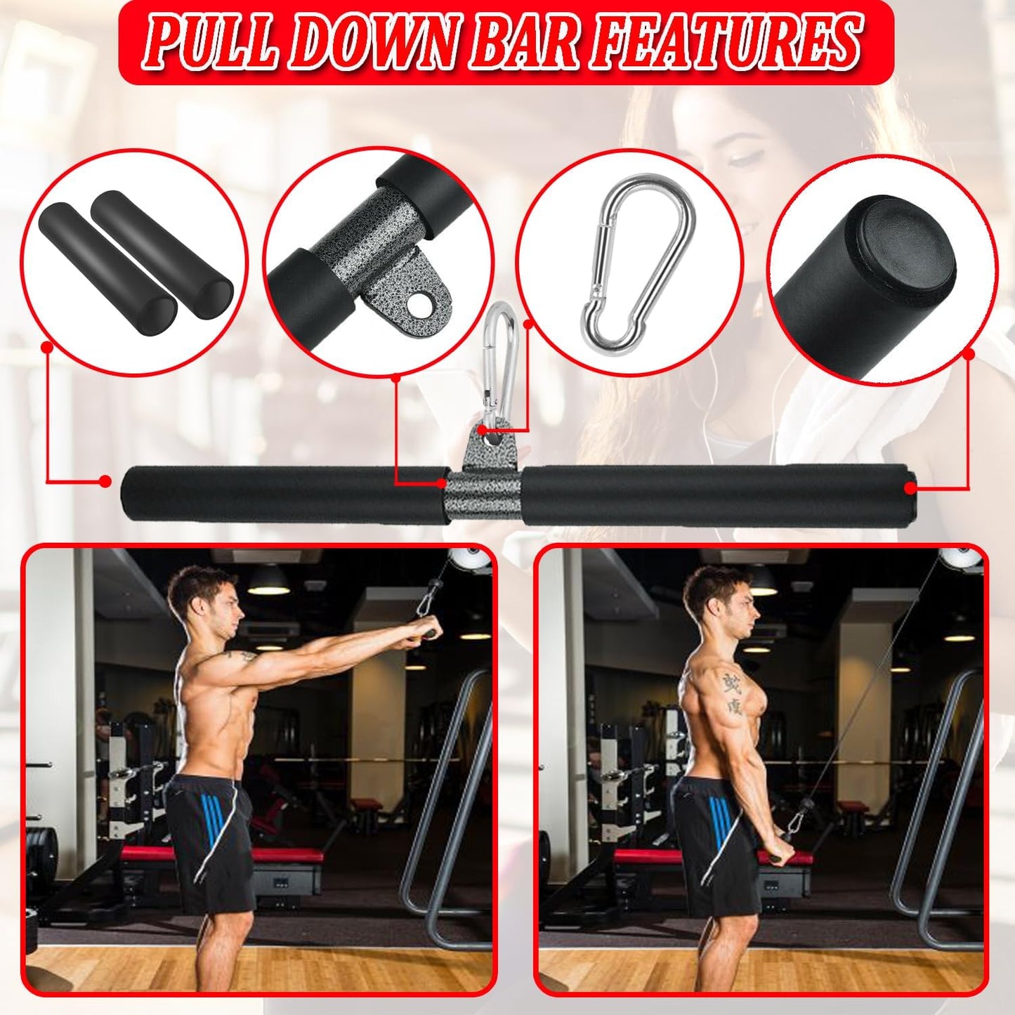 LAT Pull down Bar for Cable Machine LAT Pulldown Attachments Tricep Press down Bar with Rubber Handle Traight Bar Accessories for Home Gym